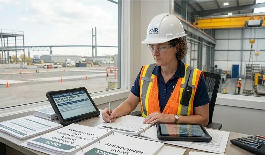 Safety manager reviewing OSHA compliance documents